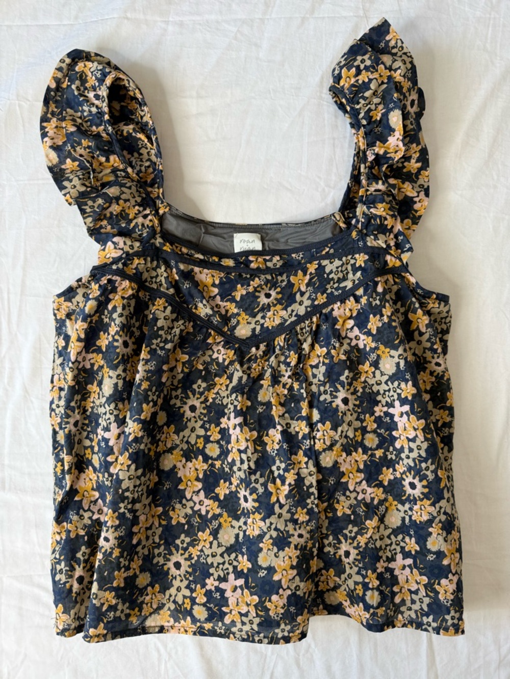Roan + Ryan Floral Ruffle Sleeve Tank Top Large Navy Yellow Flowers Women’s L